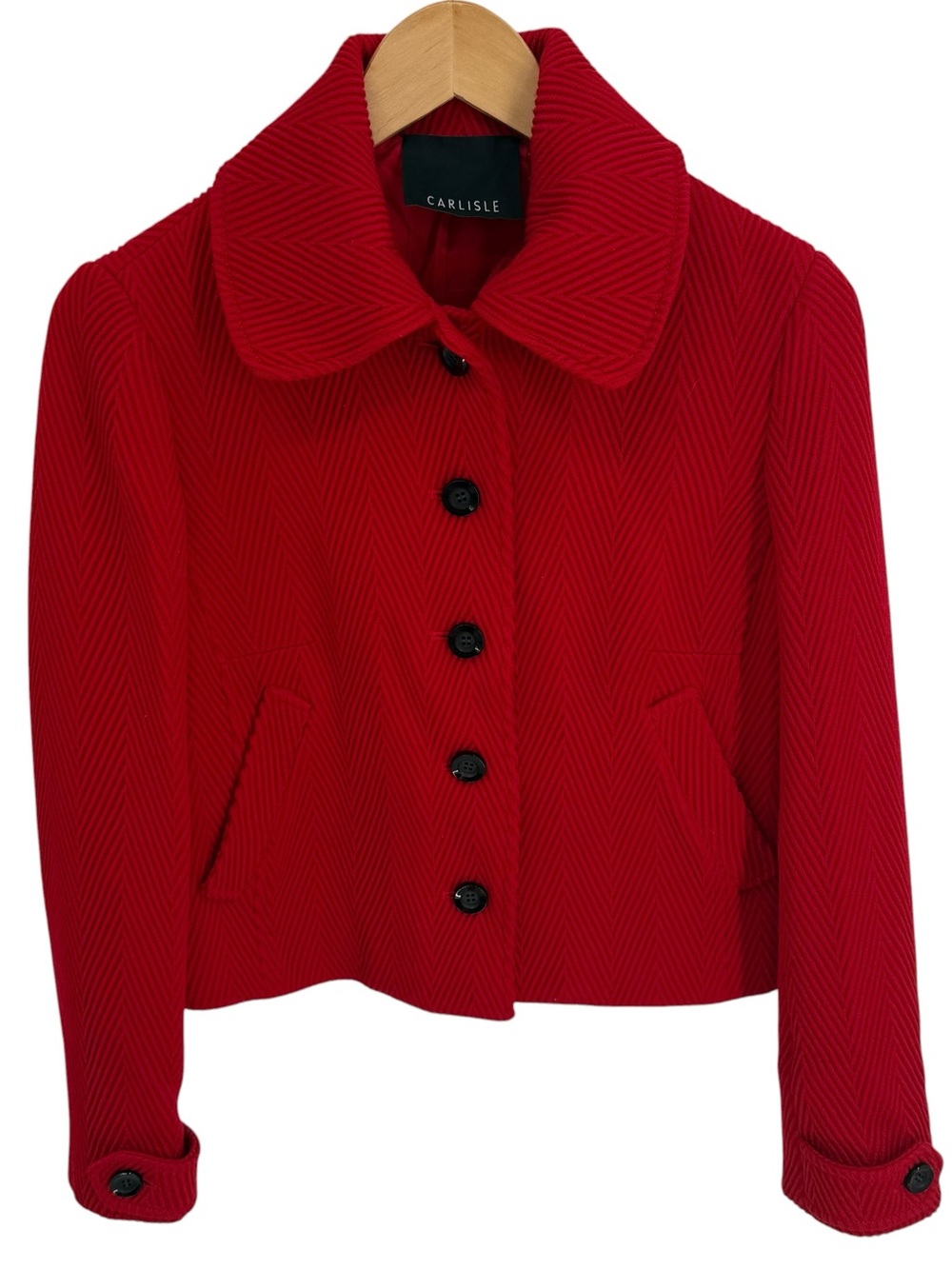 Carlisle Womens Red Textured Wool Blazer Jacket Long Sleeve Size 4 Button Up